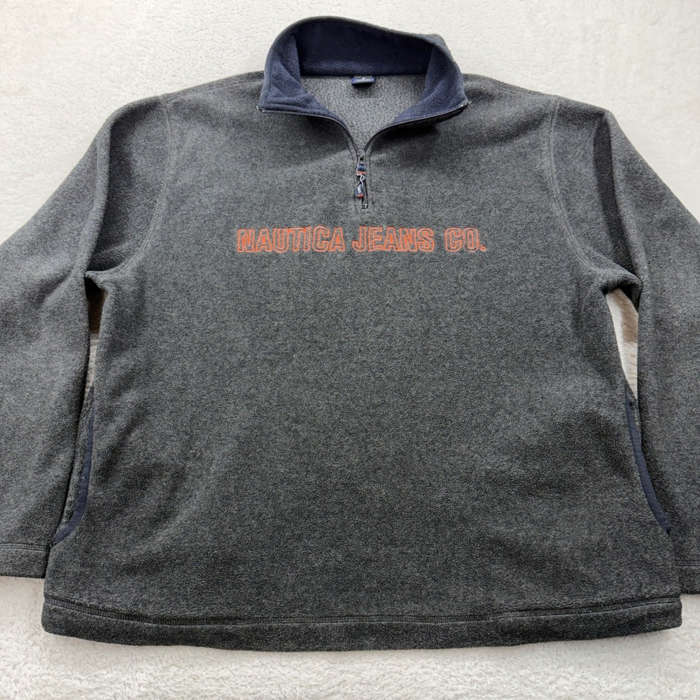 VTG 90 Nautica Jeans Co Fleece Quarter Zip Pullover USA Made Men's XXL Gray Logo